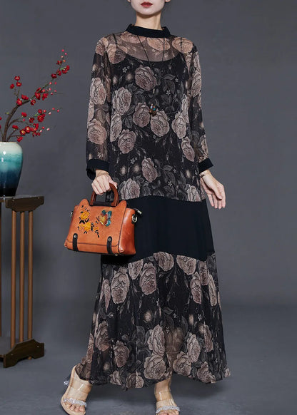 Black Patchwork Chiffon Upf 50+ Dress Two Piece Set Print Summer