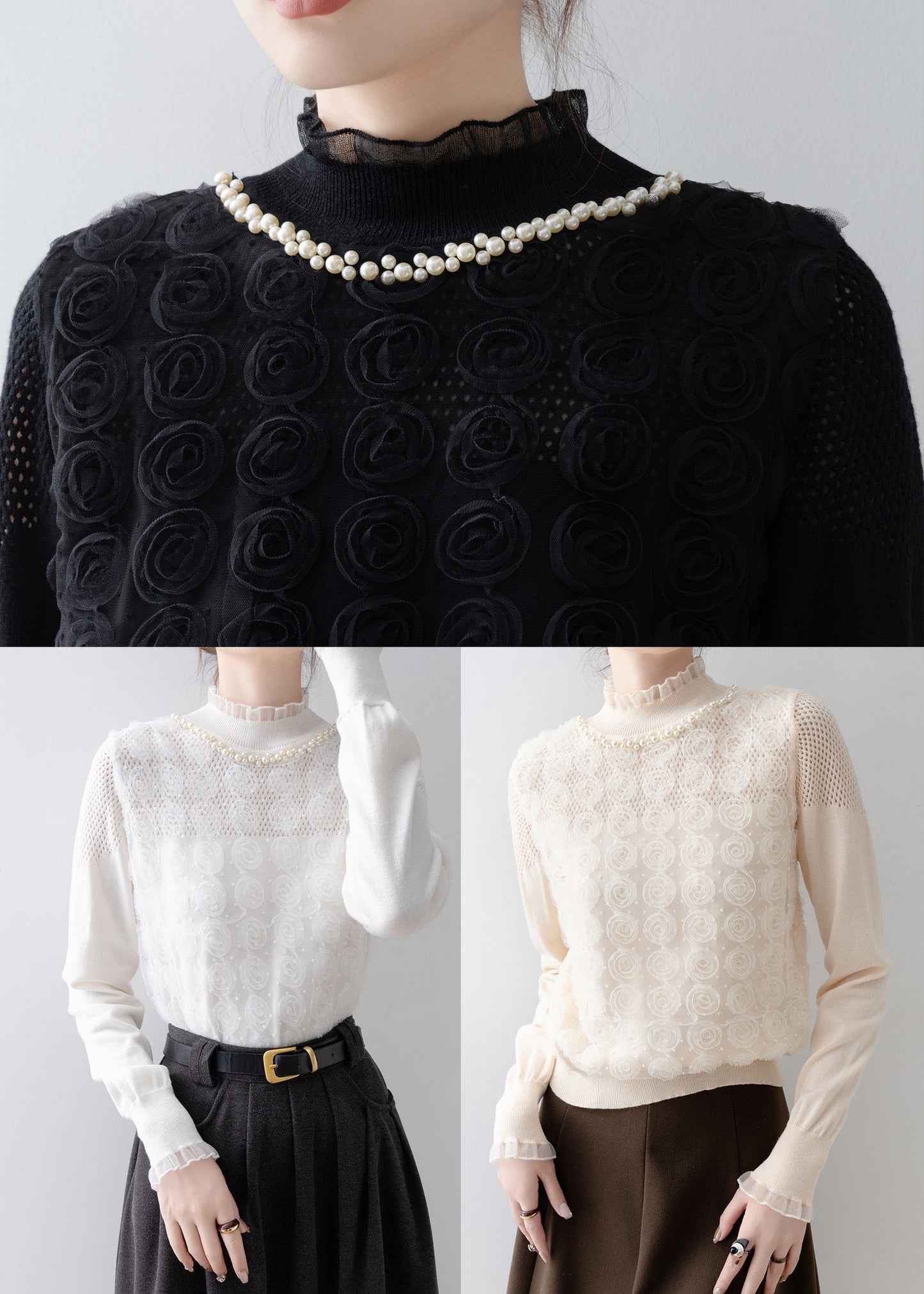 Art Apricot Decorated Nail Bead Knit Blouse Spring