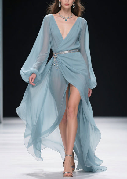 Blue V Neck Wrinkled Side Open Long Dresses Lantern Sleeve Spring