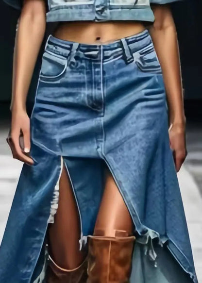 Blue Asymmetrical Side Open Denim Skirts Summer