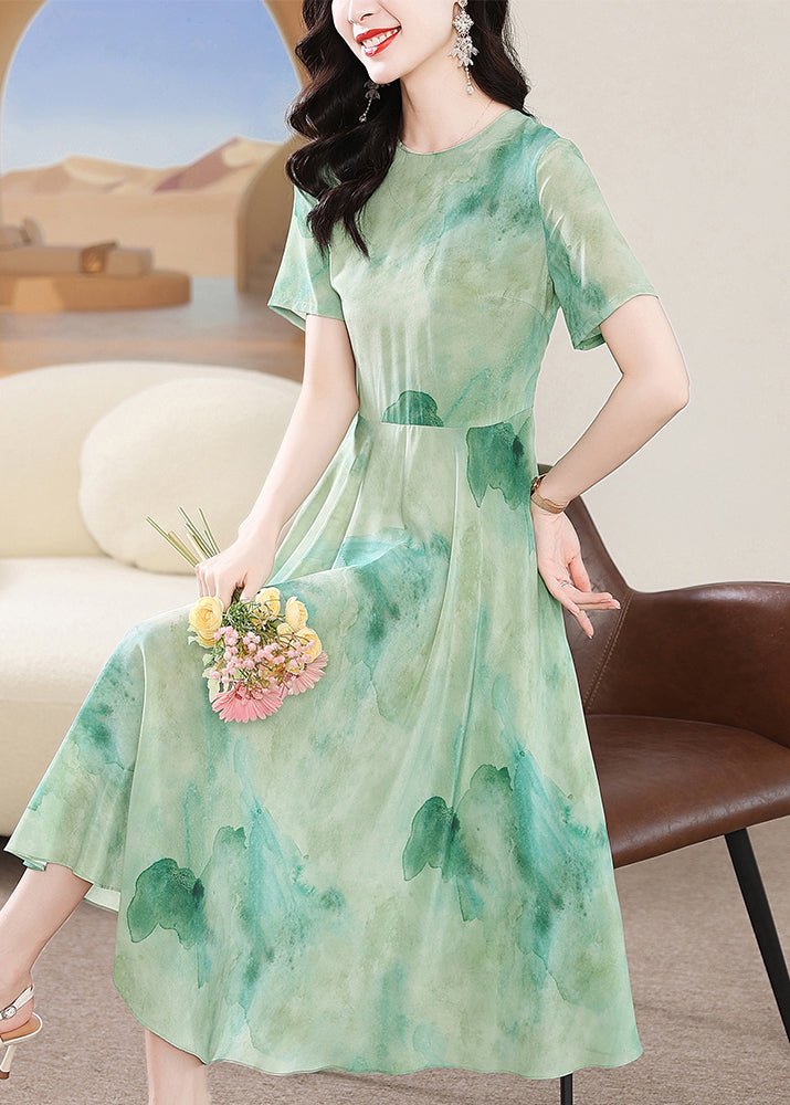 New Green O Neck Print Silk Dress Summer