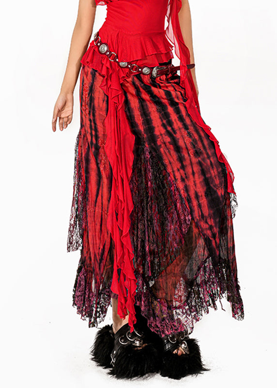 French Red Tie Dye Asymmetrical Patchwork a Line Skirts