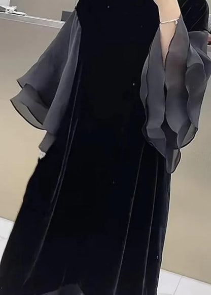 Black O-neck Patchwork Silk Velour Maxi Dress Butterfly Sleeve