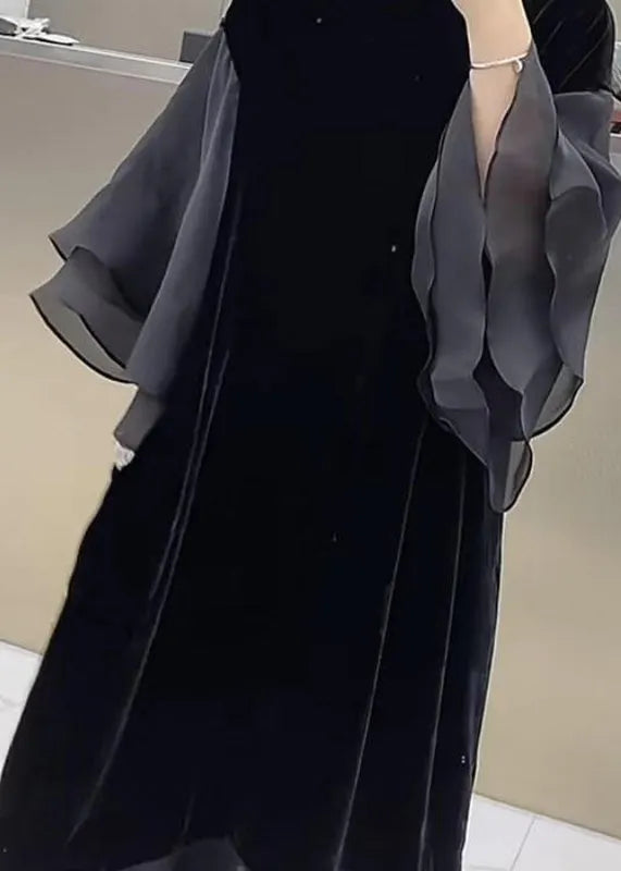 Black O-neck Patchwork Silk Velour Maxi Dress Butterfly Sleeve