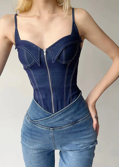 Blue Patchwork Zippered Denim Cami Bodysuit