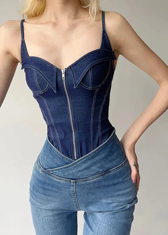 Blue Patchwork Zippered Denim Cami Bodysuit