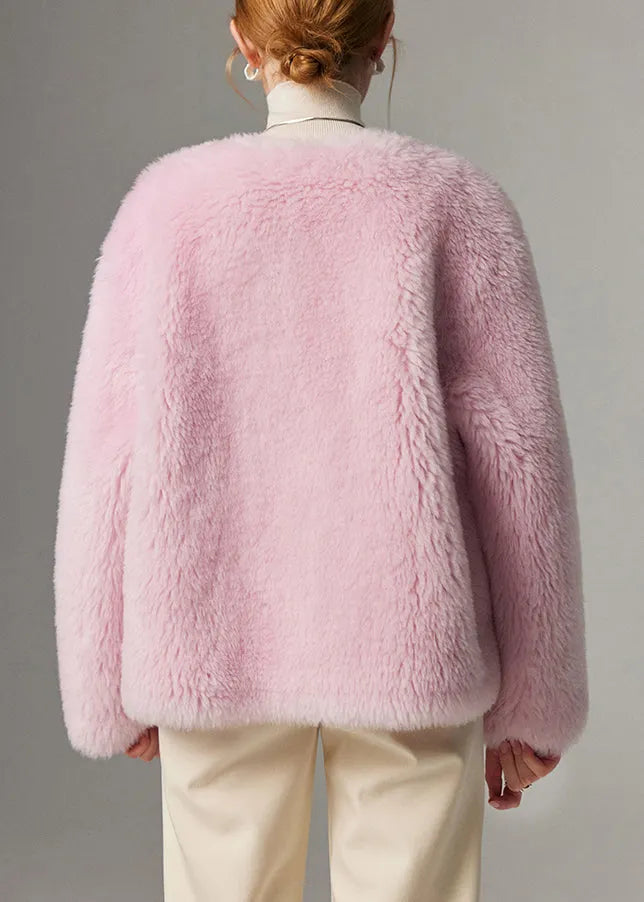 Pink O Neck Button Woolen Coats Winter