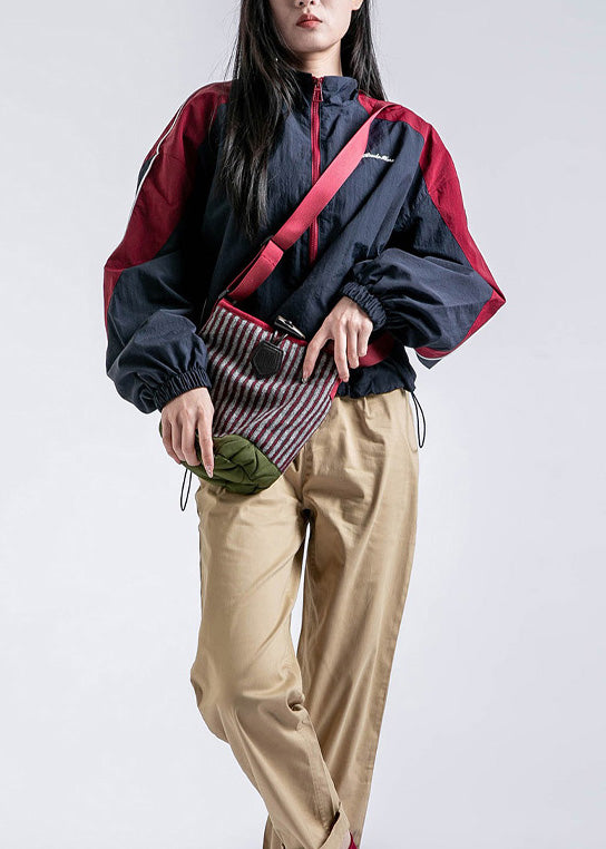 Red Zip Up Pockets Drawstring Patchwork Coat Fall