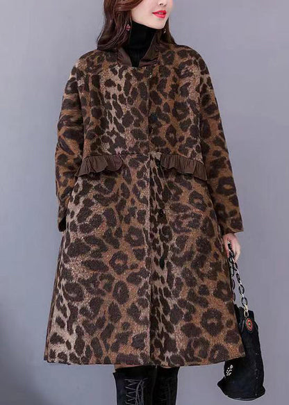 Leopard Ruffled Pockets Thick Woolen Coats Long Sleeve