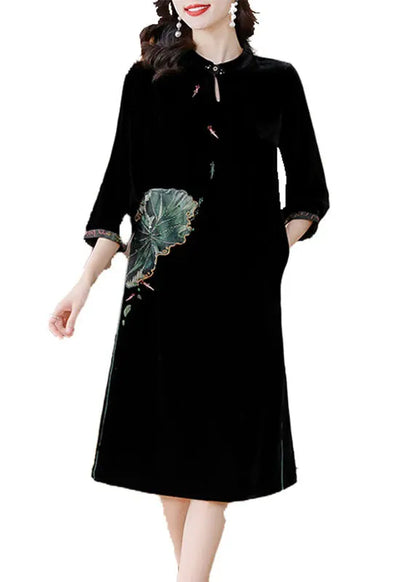 Black O-neckpockets Button Silk Velour Long Dresses Bracelet Sleeve
