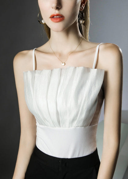 Slim Fit White Patchwork Cotton Spaghetti Strap Tank Sleeveless