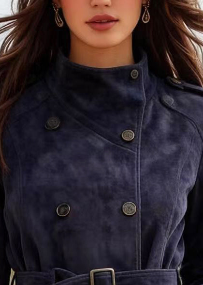 Navy Double Breast Faux Suede Tunic Coats Spring