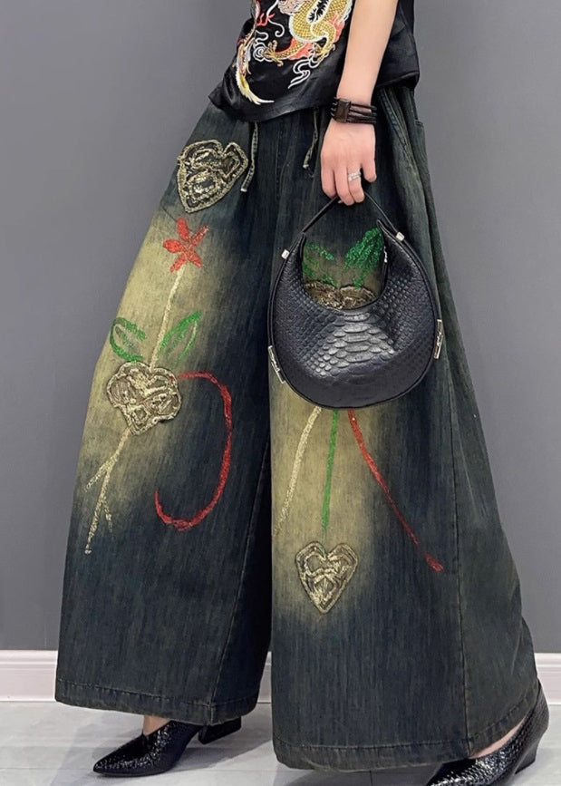 Embroideried Elastic Waist Wide Leg Jeans