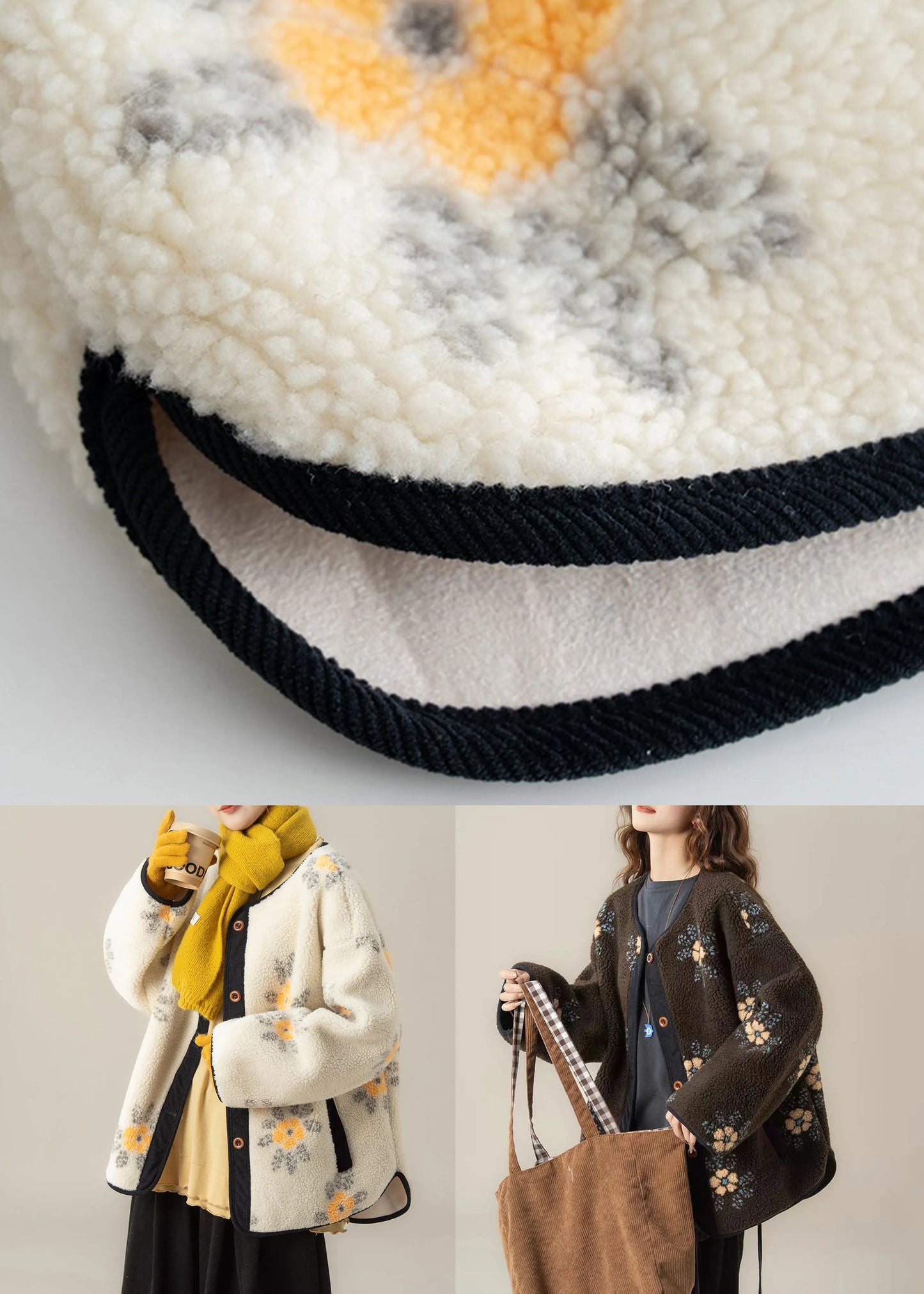 Jacquard Coffee Button Fluffy Coat and Grey Ruffled T Shirt Two Piece Set Winter