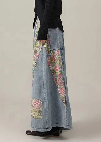 Original Design Blue Pockets Elastic Waist Print Patchwork Wide Leg Jeans