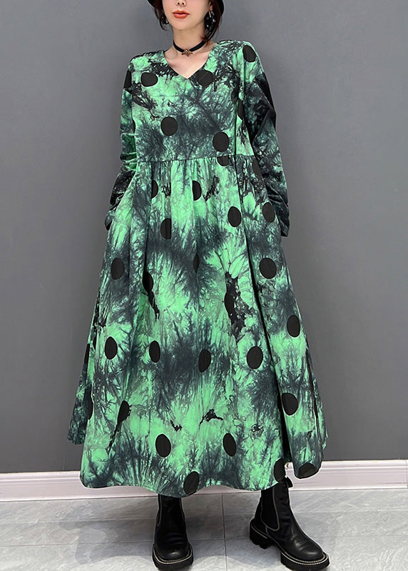 Green V Neck Dot Holiday Maxi Shirts Dress Long Sleeve