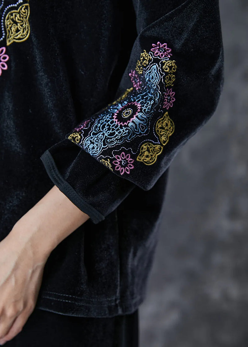 Loose Black O-neck Embroideried Silk Velour Two Piece Suit Set Spring