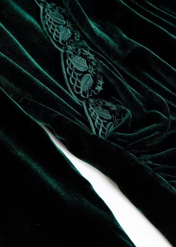 Black V Neck Embroideried Silk Velour Top Long Sleeve