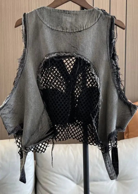 V Neck Pockets Breathable Mesh Patchwork Denim Vest Sleeveless