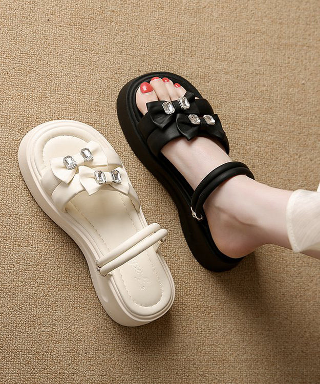 Bow Zircon Splicing Platform Black Faux Leather Slide Sandals