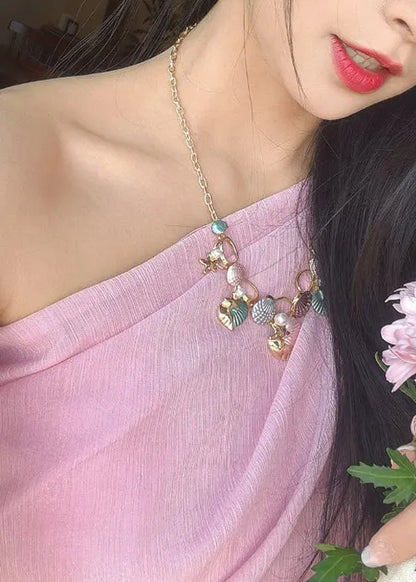 Pink Cold Shoulder Lace Up Chiffon Long Dress Sleeveless