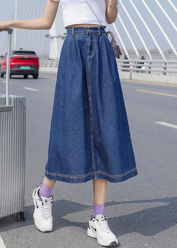 Modern Blue Zip Up Pocket Button Patchwork Cotton a Line Skirts Summer