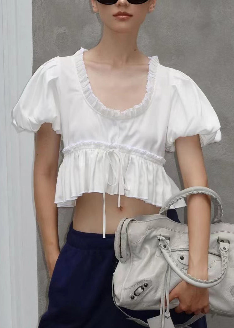 White U Neck Ruffled Cotton Shirt Puff Sleeve