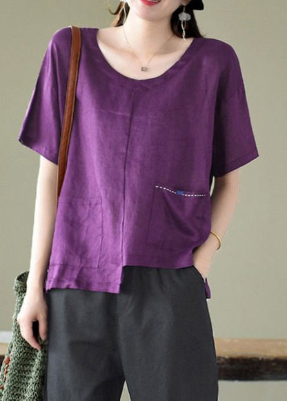 Purple O-neck Asymmetrical Design Pocket Linen Top Short Sleeve