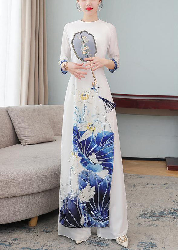Silm Fit Pink Print Silk Cheongsam Dress Two Pieces Set Fall