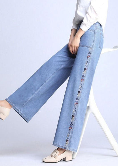 Natural Light Blue Embroideried Pockets Draping Cotton Straight Pants Spring
