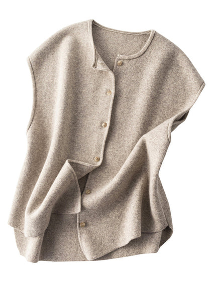 Khaki Button Woolen Beach Vest Sleeveless