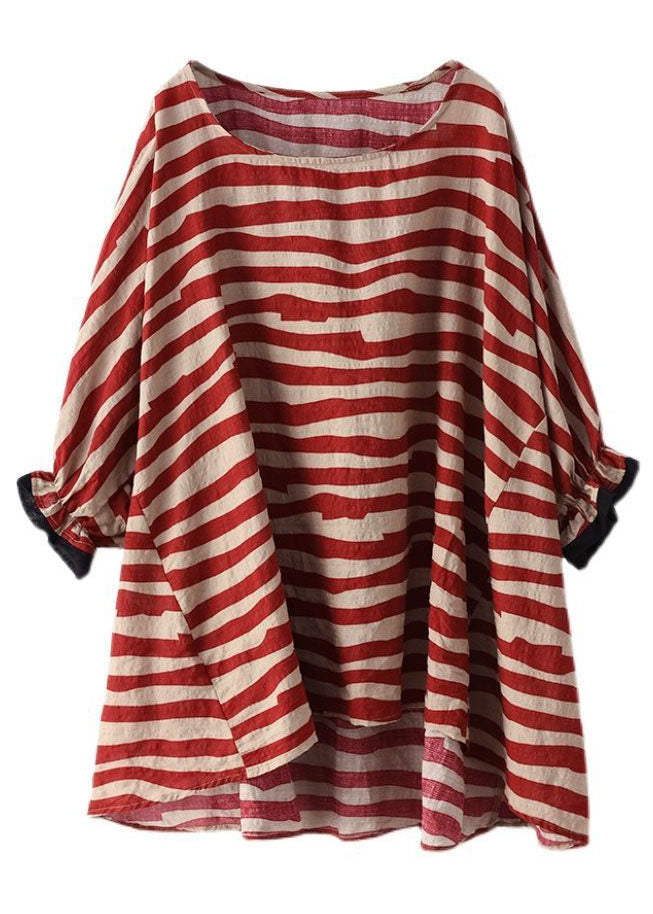 Red Asymmetrical Striped Cotton Pullover Spring