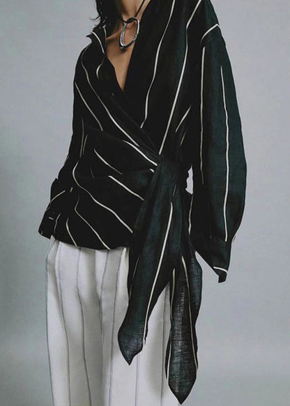 Black Peter Pan Collar Striped Lace Up Linen Tops Fall