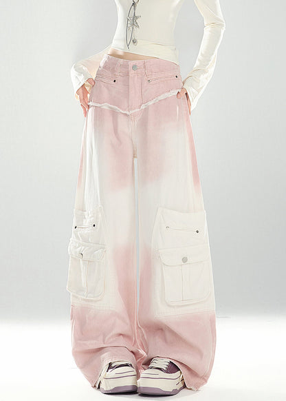 Pink Gradient Color Pockets High Waist Denim Pants Spring