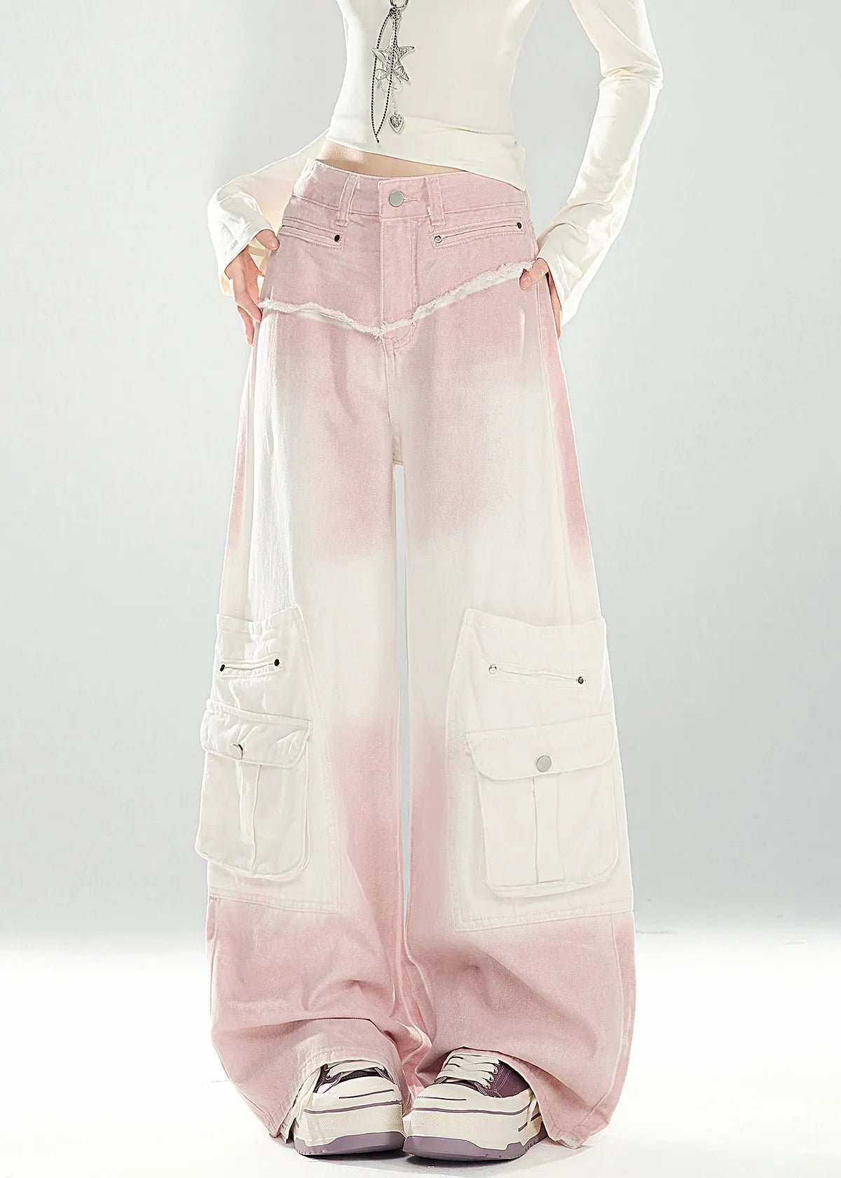 Pink Gradient Color Pockets High Waist Denim Pants Spring