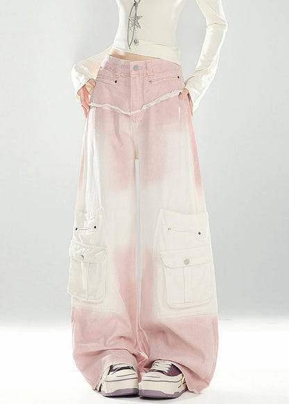 Pink Gradient Color Pockets High Waist Denim Pants Spring