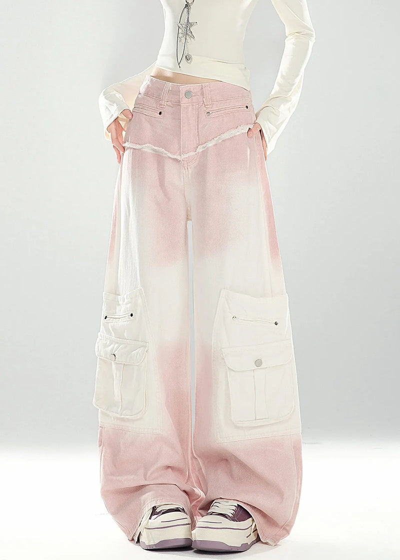 Pink Gradient Color Pockets High Waist Denim Pants Spring