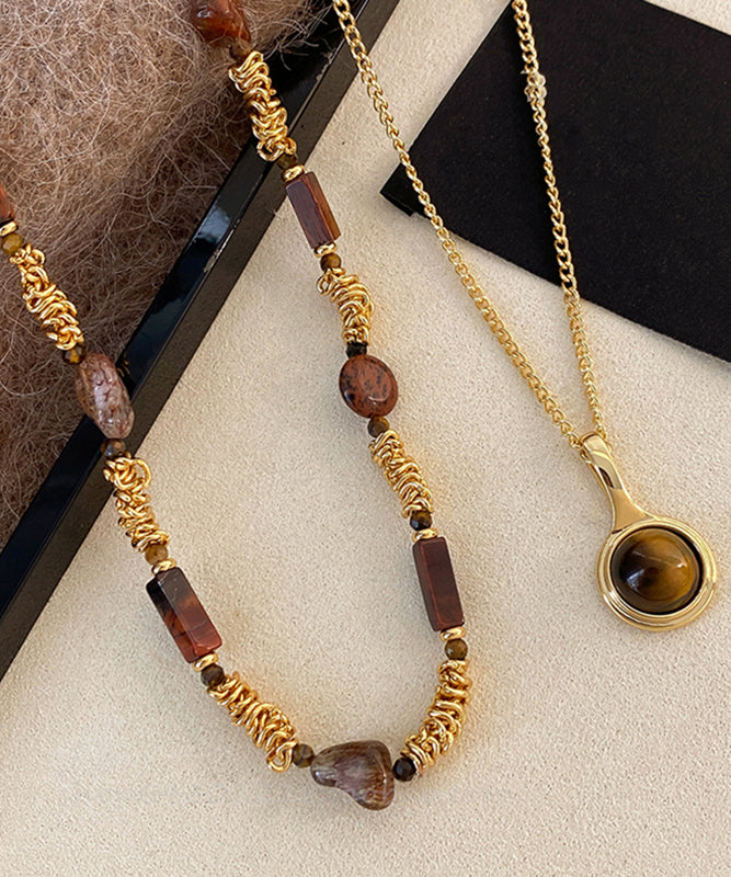 Modern Gold Copper Alloy Tiger's Eye Stone Pendant Necklace Two-piece Set