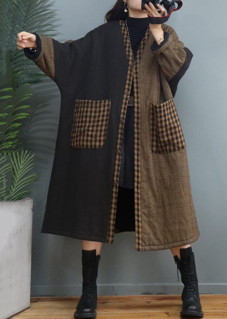 Coffee Plaid Pockets Patchwork Thick Long Coat Fall
