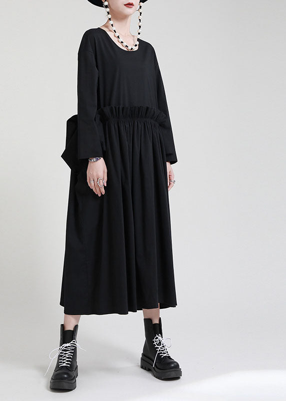 Black O-neck Patchwork Pockets Fall Dress Long Sleeve