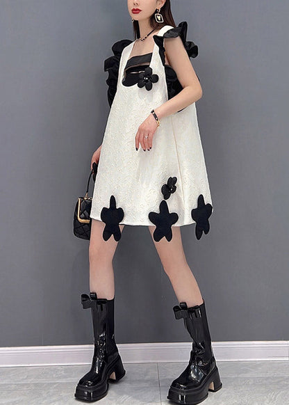 White Slash Neck Ruffles Patchwork Dresses Sleeveless
