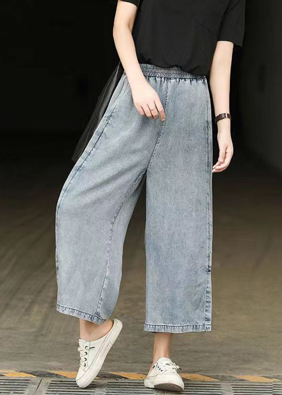 Light Blue Elastic Waist Side Open Denim Crop Pants Summer