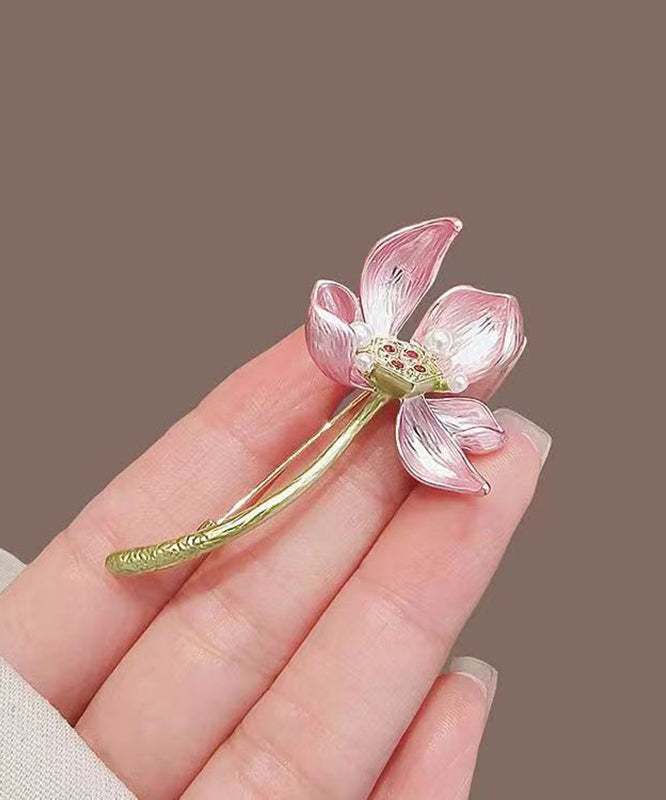 Pink Copper Alloy Pearl Lotus Brooches