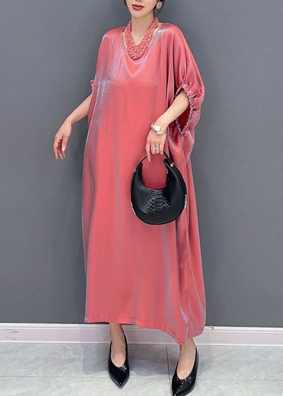 Pink O-neck Silk Long Dress Short Sleeve Summer