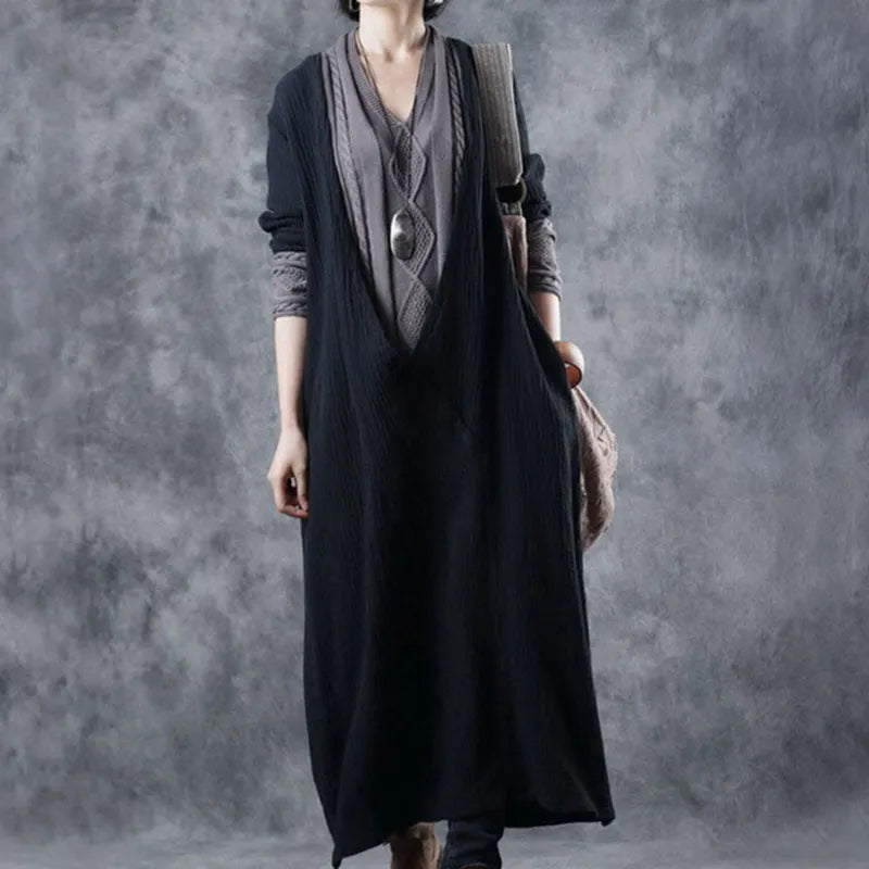 French Blackapricot V Neck Patchwork Pockets Fall Knit Long Sleeve Maxi Dress