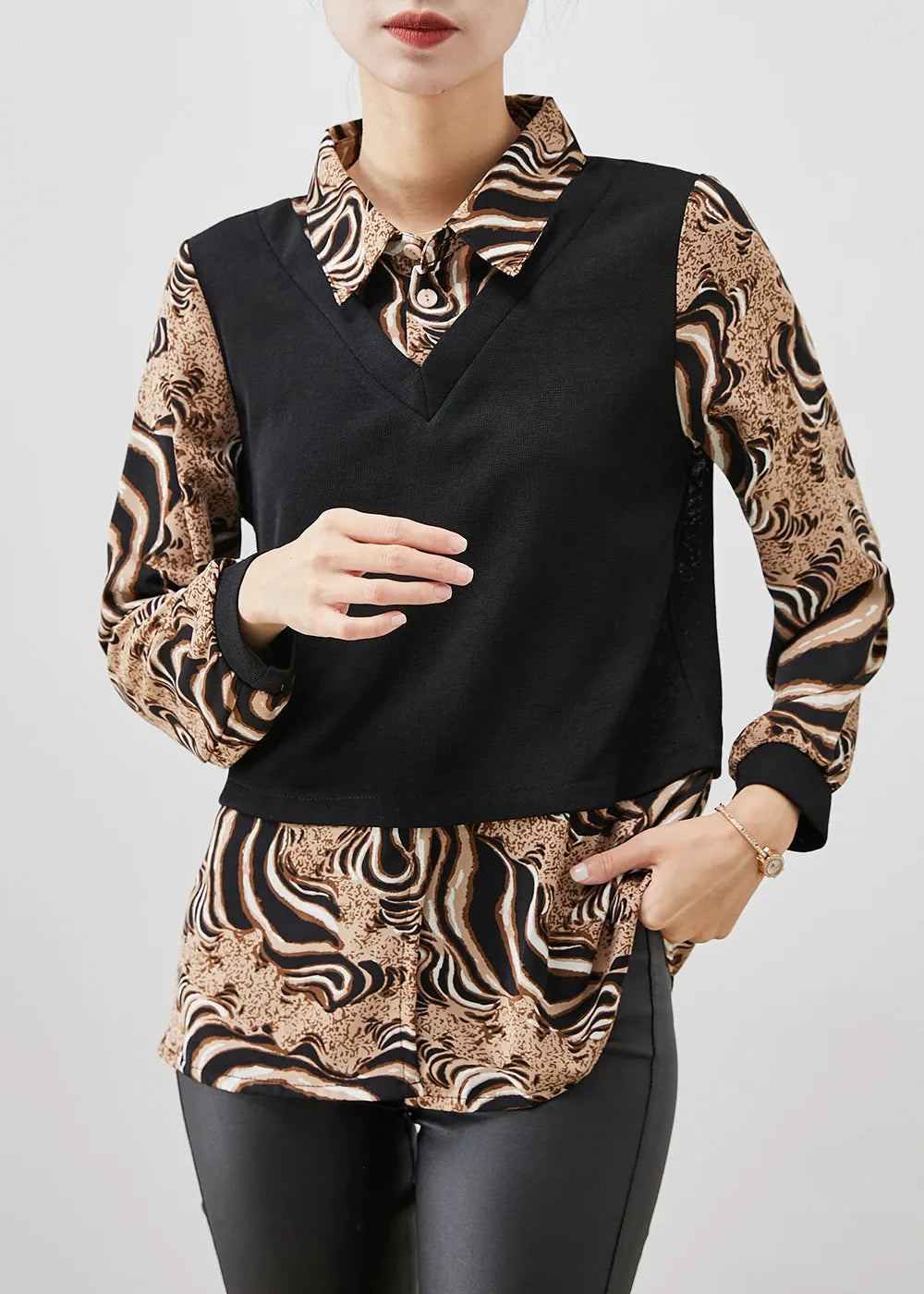Leopard Print Patchwork Cotton Fake Two Piece Shirt Top Fall
