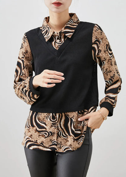 Leopard Print Patchwork Cotton Fake Two Piece Shirt Top Fall