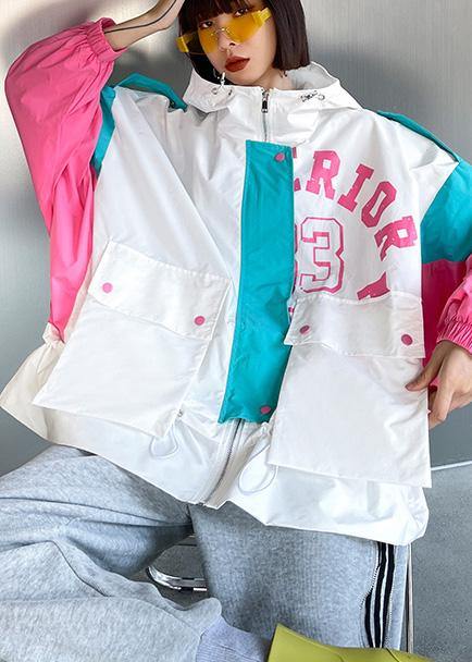 Art White Letter Patchwork Cotton Spring Hooded Coat