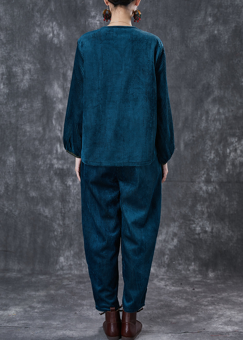Peacock Blue Patchwork Corduroy Two-piece Set Chinese Button Spring