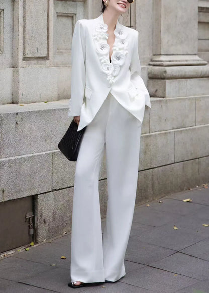 Italian White Decorated Suit Coat and Pants Two Pieces Set Fall